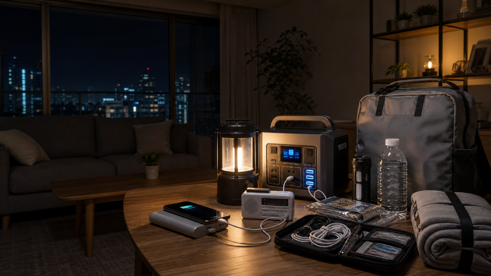 停電時に役立つ防災ガジェット、LEDランタン、ポータブル電源、スマホ充電器、防災リュック